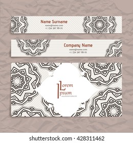 Set of vector design templates. Brochures in random colorful style. Vintage frames and backgrounds. Business card with floral circle ornament. Mandala style.