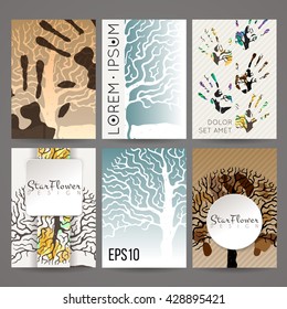 Set of vector design templates. Brochures in random colorful style. Vintage frames and backgrounds. Business card with tree in hand draw style. Hipster style.