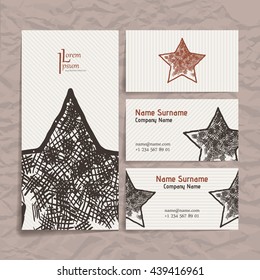 Set of vector design templates. Brochures in random colorful style. Vintage frames and backgrounds. Business card with star element. Hipster style.