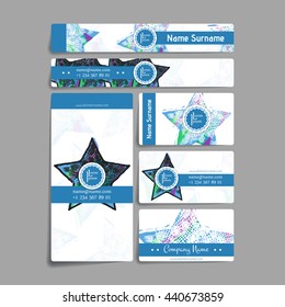 Set of vector design templates. Brochures in random colorful style. Vintage frames and backgrounds. Business card with star element. Hipster style.