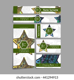 Set of vector design templates. Brochures in random colorful style. Vintage frames and backgrounds. Business card with star element. Hipster style.