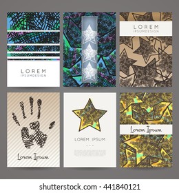 Set of vector design templates. Brochures in random colorful style. Vintage frames and backgrounds. Business card with star element. Hipster style.