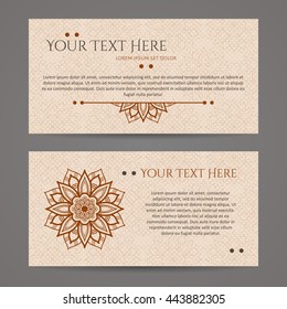 Set of vector design templates. Brochures in random colorful style. Vintage frames and backgrounds. Business card with floral circle ornament. Mandala style.