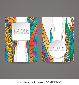 Set of vector design templates. Brochures in random colorful style. Frames and backgrounds. Zentangle designs.