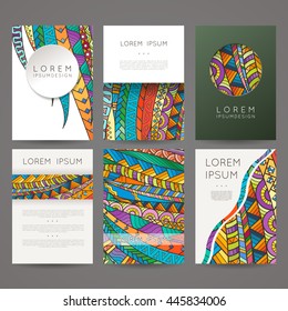 Set of vector design templates. Brochures in random colorful style. Frames and backgrounds. Zentangle designs.
