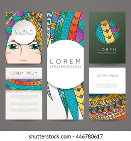 Set of vector design templates. Brochures in random colorful style. Frames and backgrounds. Zentangle designs.