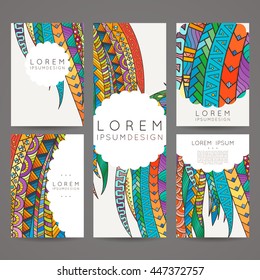 Set of vector design templates. Brochures in random colorful style. Frames and backgrounds. Zentangle designs.