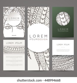 Set of vector design templates. Brochures in random colorful style. Frames and backgrounds. Zentangle designs.