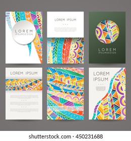 Set of vector design templates. Brochures in random colorful style. Frames and backgrounds. Zentangle designs.