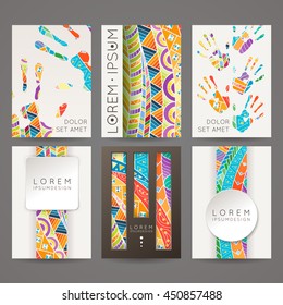 Set Of Vector Design Templates. Brochures In Random Colorful Style. Frames And Backgrounds. Zentangle Designs.