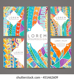 Set of vector design templates. Brochures in random colorful style. Frames and backgrounds. Zentangle designs.