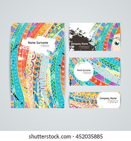 Set of vector design templates. Brochures in random colorful style. Frames and backgrounds. Zentangle designs.