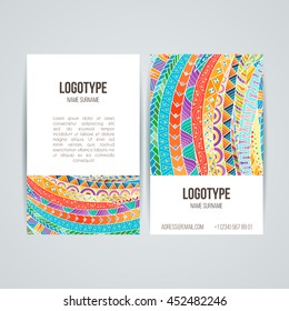 Set of vector design templates. Brochures in random colorful style. Frames and backgrounds. Zentangle designs.