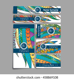 Set of vector design templates. Brochures in random colorful style. Frames and backgrounds. Zentangle designs.
