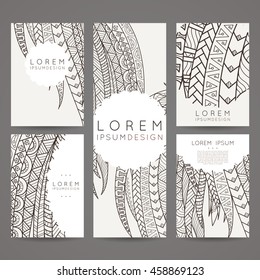 Set of vector design templates. Brochures in random colorful style. Frames and backgrounds. Zentangle designs.
