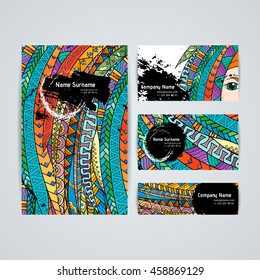 Set of vector design templates. Brochures in random colorful style. Frames and backgrounds. Zentangle designs.