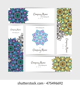 Set of vector design templates. Brochures in random colorful style. Vintage frames and backgrounds. Business card with floral circle ornament. Mandala style.