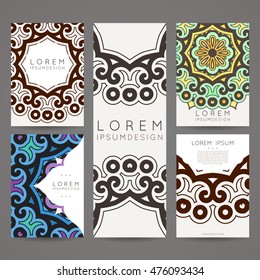 Set of vector design templates. Brochures in random colorful style. Vintage frames and backgrounds. Business card with floral circle ornament. Mandala style.