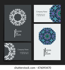 Set of vector design templates. Brochures in random colorful style. Vintage frames and backgrounds. Business card with floral circle ornament. Mandala style.