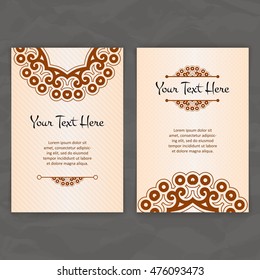 Set of vector design templates. Brochures in random colorful style. Vintage frames and backgrounds. Business card with floral circle ornament. Mandala style.