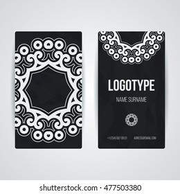 Set of vector design templates. Brochures in random colorful style. Vintage frames and backgrounds. Business card with floral circle ornament. Mandala style.