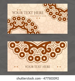 Set of vector design templates. Brochures in random colorful style. Vintage frames and backgrounds. Business card with floral circle ornament. Mandala style.