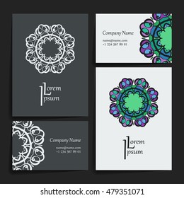 Set of vector design templates. Brochures in random colorful style. Vintage frames and backgrounds. Business card with monogram circle ornament. Mandala style in art nouveau.