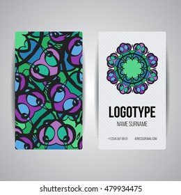 Set of vector design templates. Brochures in random colorful style. Vintage frames and backgrounds. Business card with monogram circle ornament. Mandala style in art nouveau.
