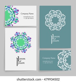 Set of vector design templates. Brochures in random colorful style. Vintage frames and backgrounds. Business card with monogram circle ornament. Mandala style in art nouveau.