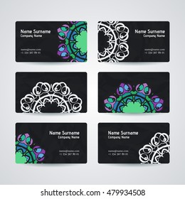 Set of vector design templates. Brochures in random colorful style. Vintage frames and backgrounds. Business card with monogram circle ornament. Mandala style in art nouveau.