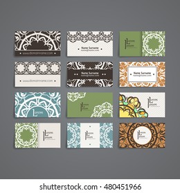 Set of vector design templates. Brochures in random colorful style. Vintage frames and backgrounds. Business card with monogram circle ornament. Mandala style in art nouveau.