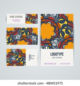 Set of vector design templates. Brochures in random colorful style. Vintage frames and backgrounds. Business card with monogram circle ornament. Mandala style in art nouveau.