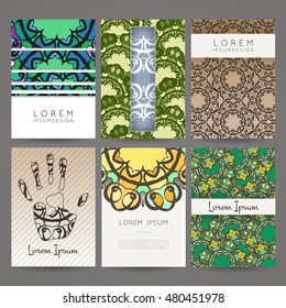 Set of vector design templates. Brochures in random colorful style. Vintage frames and backgrounds. Business card with monogram circle ornament. Mandala style in art nouveau.