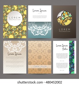Set of vector design templates. Brochures in random colorful style. Vintage frames and backgrounds. Business card with monogram circle ornament. Mandala style in art nouveau.