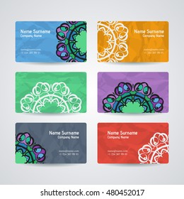 Set of vector design templates. Brochures in random colorful style. Vintage frames and backgrounds. Business card with monogram circle ornament. Mandala style in art nouveau.