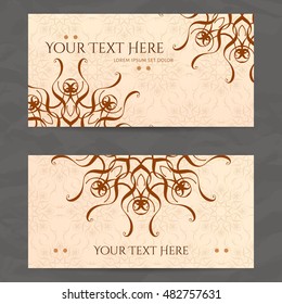 Set of vector design templates. Brochures in random colorful style. Vintage frames and backgrounds. Business card with floral circle ornament. Mandala style.
