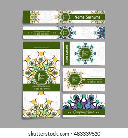 Set of vector design templates. Brochures in random colorful style. Vintage frames and backgrounds. Business card with floral circle ornament. Mandala style.