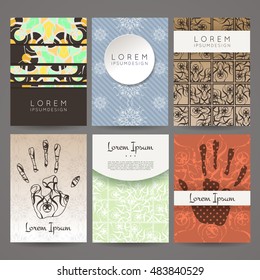 Set of vector design templates. Brochures in random colorful style. Vintage frames and backgrounds. Business card with floral circle ornament. Mandala style.