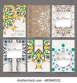 Set of vector design templates. Brochures in random colorful style. Vintage frames and backgrounds. Business card with floral circle ornament. Mandala style.