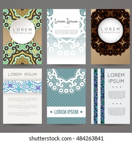 Set of vector design templates. Brochures in random colorful style. Vintage frames and backgrounds. Business card with floral circle ornament. Mandala style.