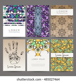 Set of vector design templates. Brochures in random colorful style. Vintage frames and backgrounds. Business card with floral circle ornament. Mandala style.