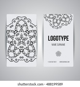 Set of vector design templates. Brochures in random colorful style. Vintage frames and backgrounds. Business card with floral circle ornament. Mandala style.