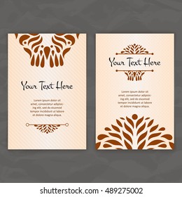Set of vector design templates. Brochures in random colorful style. Vintage frames and backgrounds. Business card with circle ornament.