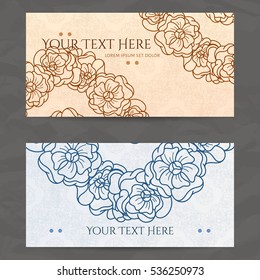 Set of vector design templates. Brochures in random flower style. Vintage frames and backgrounds. Business card with floral circle ornament.