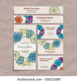 Set of vector design templates. Brochures in random flower style. Vintage frames and backgrounds. Business card with floral circle ornament.