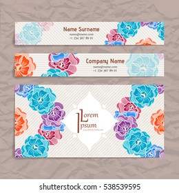 Set of vector design templates. Brochures in random flower style. Vintage frames and backgrounds. Business card with floral circle ornament.