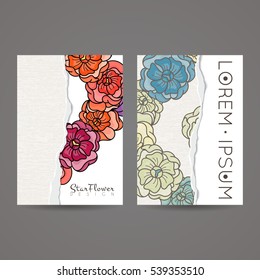 Set of vector design templates. Brochures in random flower style. Vintage frames and backgrounds. Business card with floral circle ornament.
