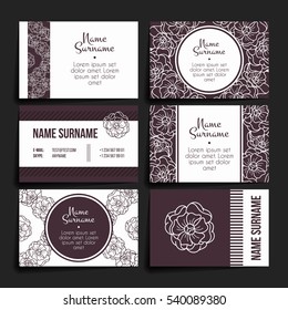Set of vector design templates. Brochures in random flower style. Vintage frames and backgrounds. Business card with floral circle ornament.