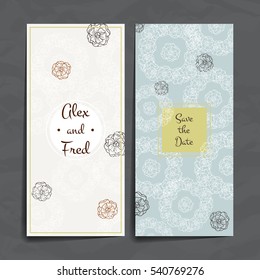 Set of vector design templates. Brochures in random flower style. Vintage frames and backgrounds. Business card with floral circle ornament.