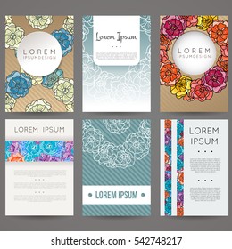 Set of vector design templates. Brochures in random flower style. Vintage frames and backgrounds. Business card with floral circle ornament.